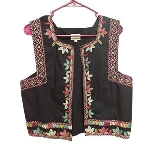 ANOKHI Black and Red Embroidered Vest with Folk Motif L